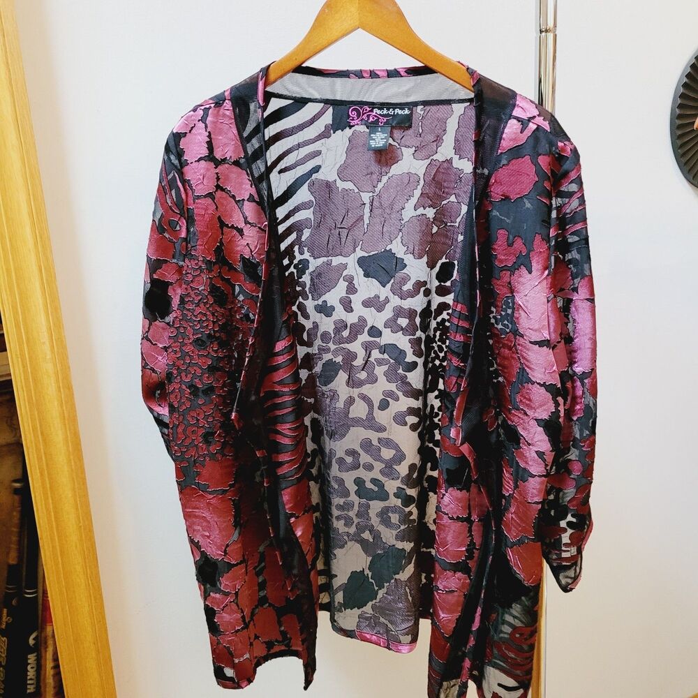 Women's Jacket PECK & PECK Sz L open front 3/4 sleeve Sheer Blank Pink